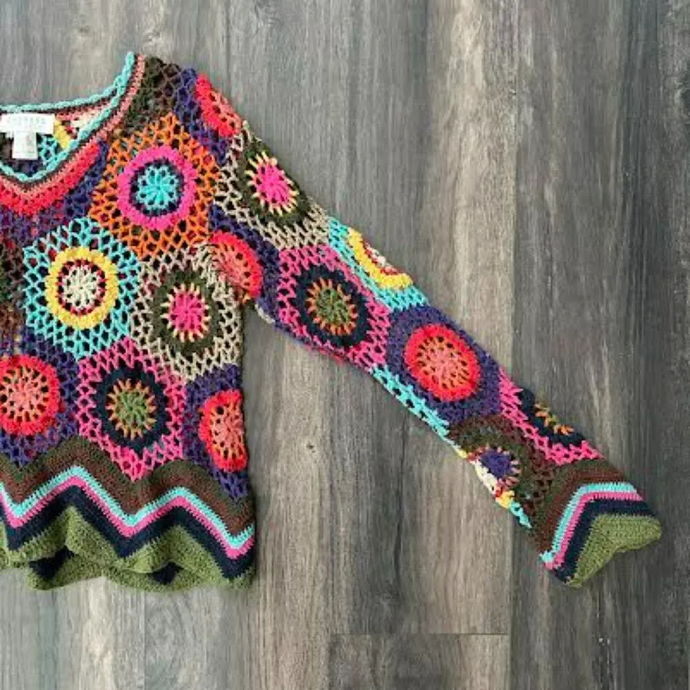 Vintage Express Tricot Open Knit Sweater Bright Floral Patchwork V-Neck Size Lg - Picture 4 of 8